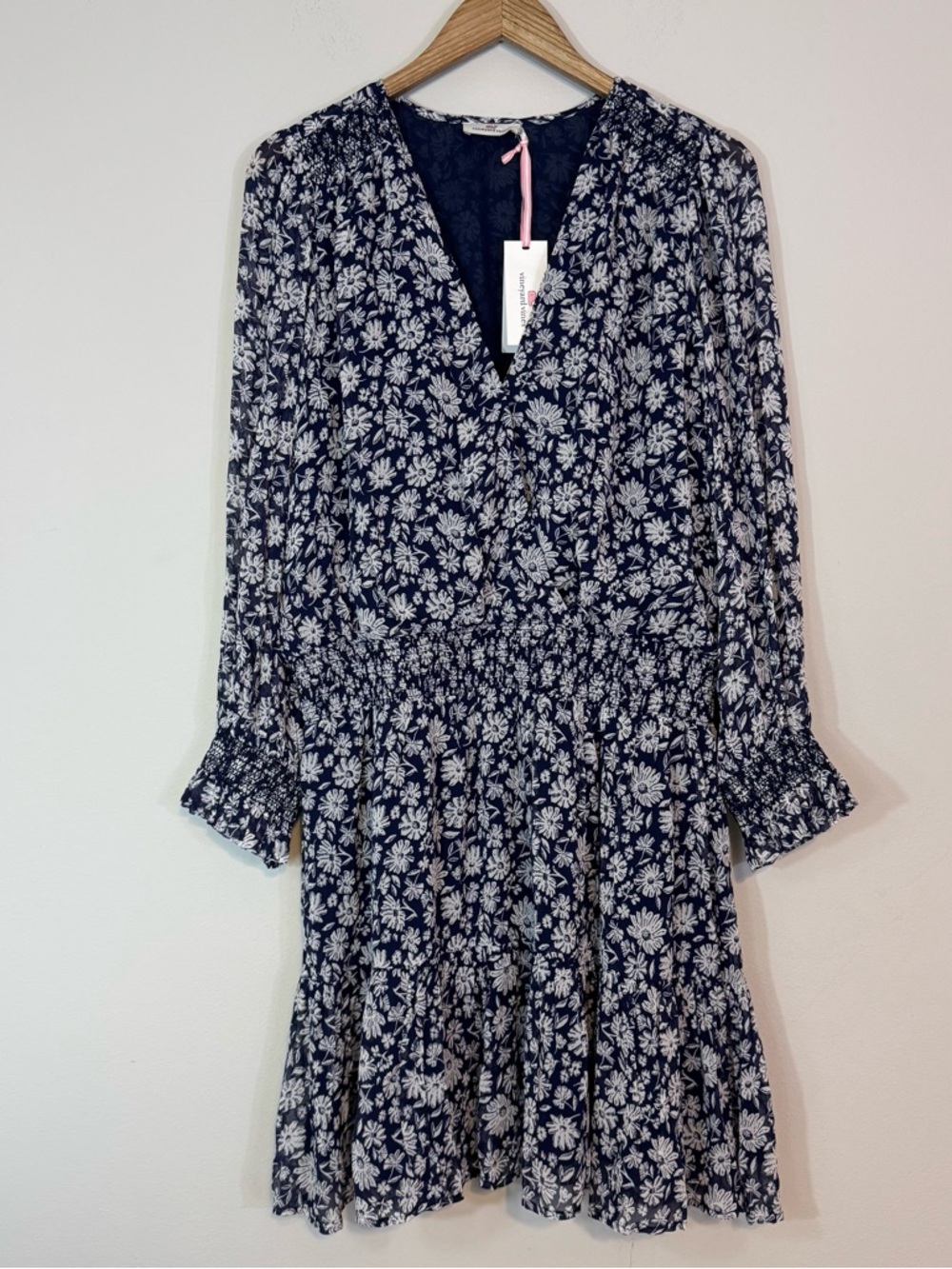 VINEYARD VINES Smocked Wrap Dress Blue Ivy Floral Long Sleeve Mini NWT Large